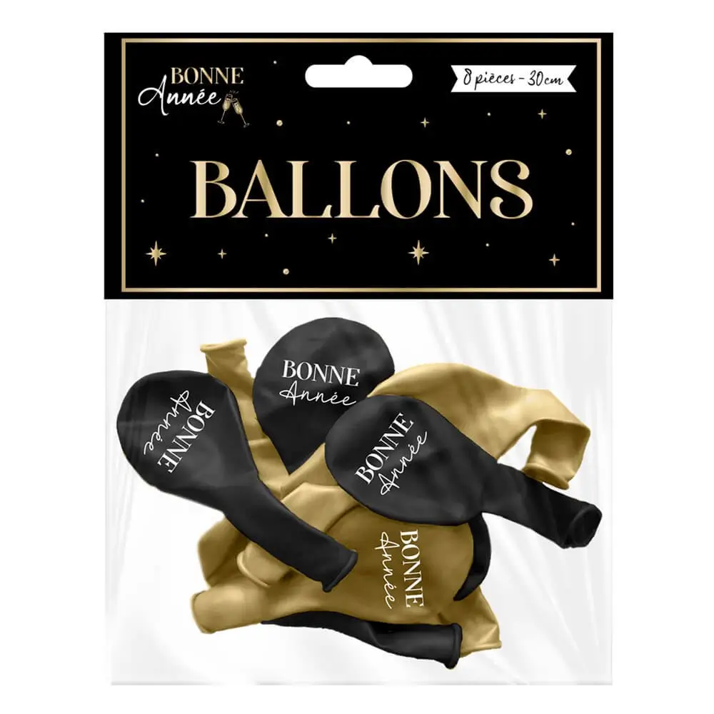 Copy of "Happy New Year" Balloons Black / Gold 30cm - Set of 8