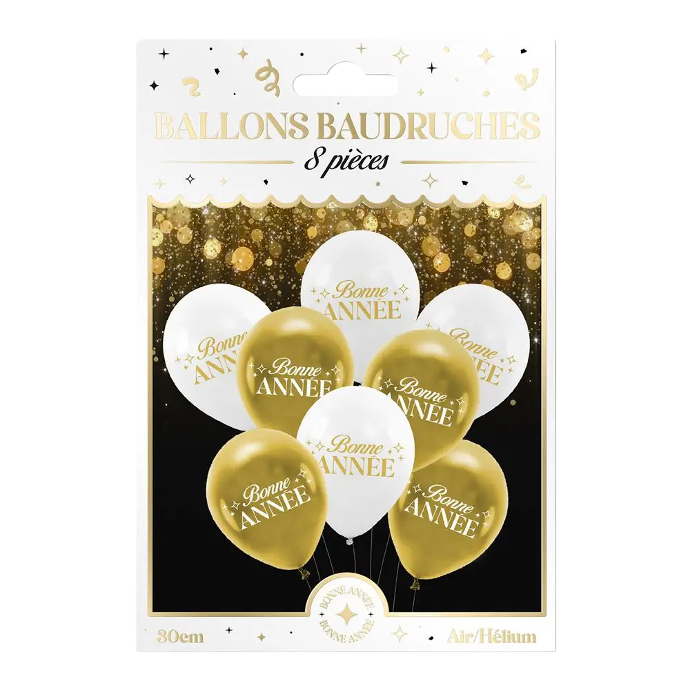 “Happy New Year” Balloons White / Gold 30 cm – Pack of 8