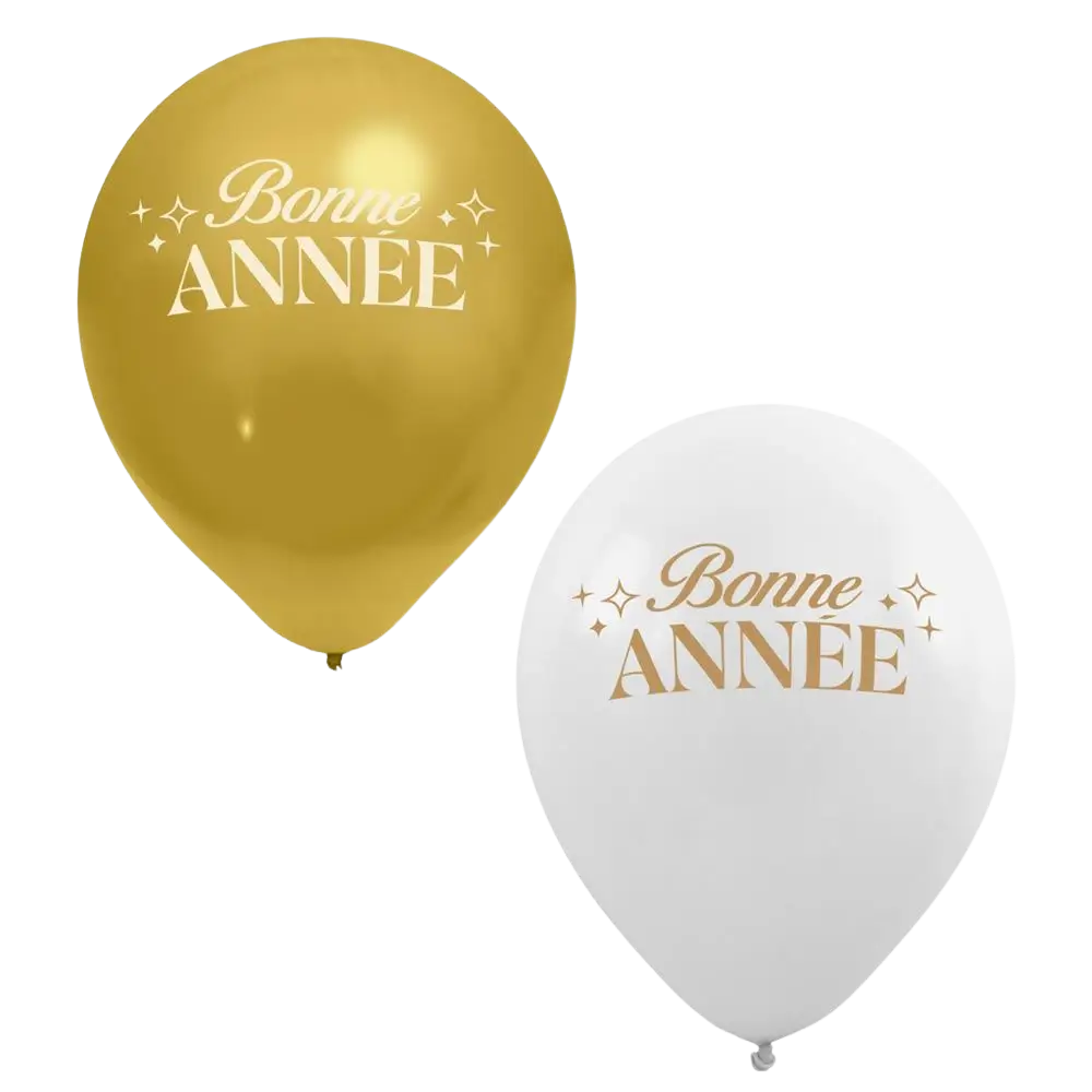 “Happy New Year” Balloons White / Gold 30 cm – Pack of 8