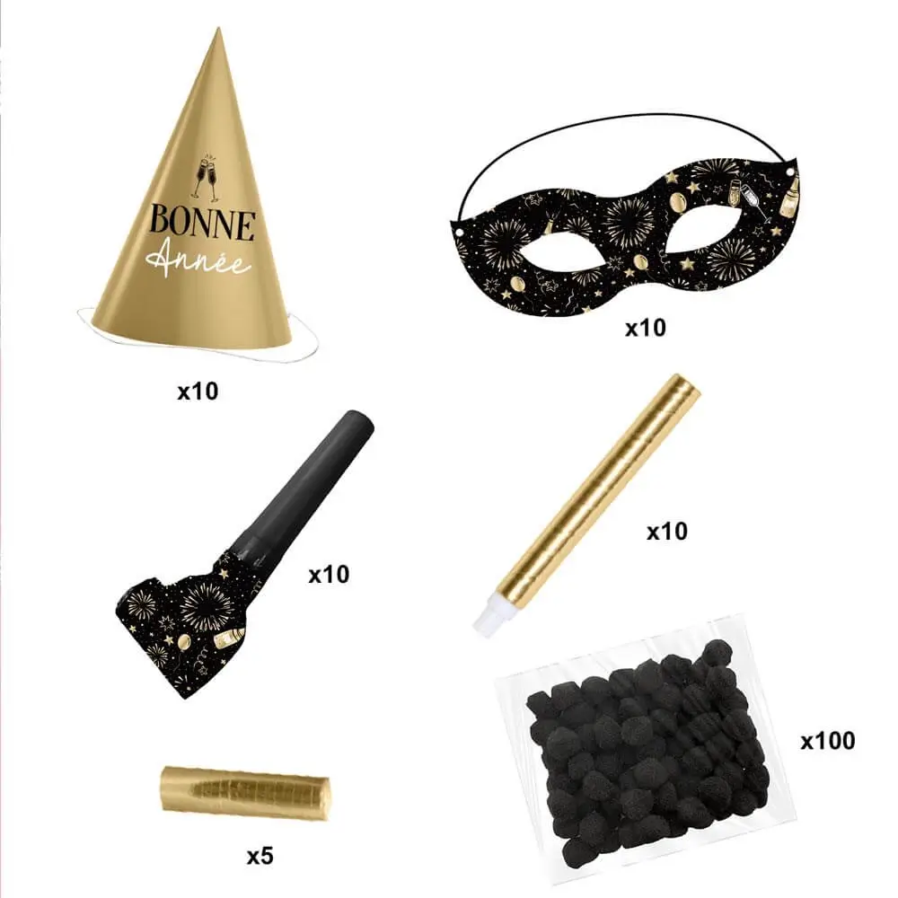 Black / Gold Happy New Year accessory set - 10 people