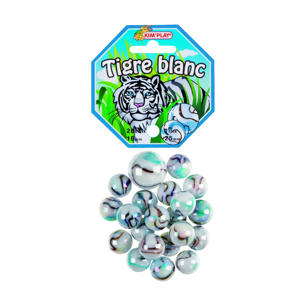 Pack of 20 White Tiger marbles +1 cap