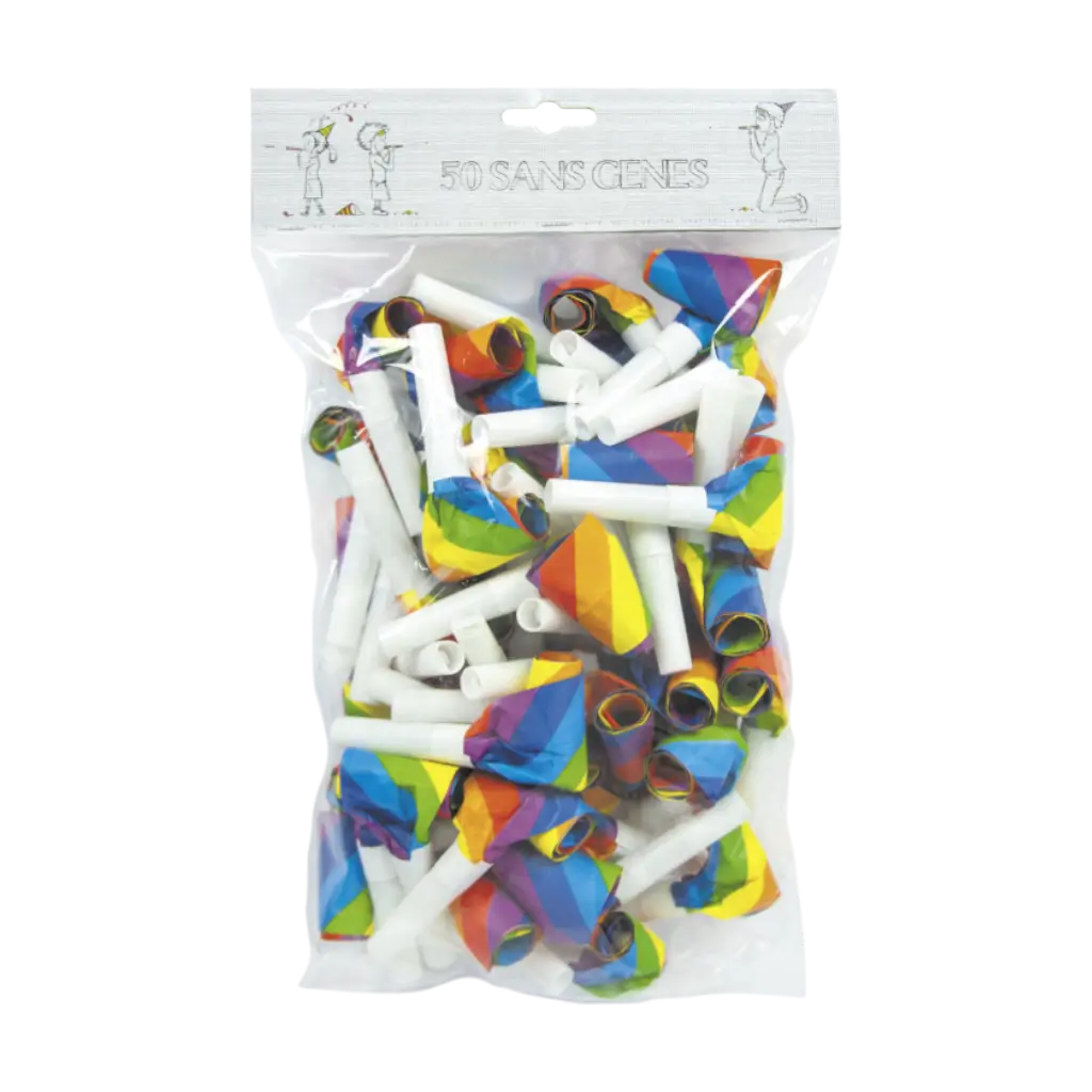 Pack of 50 Multicoloured Whistles without Hindrance