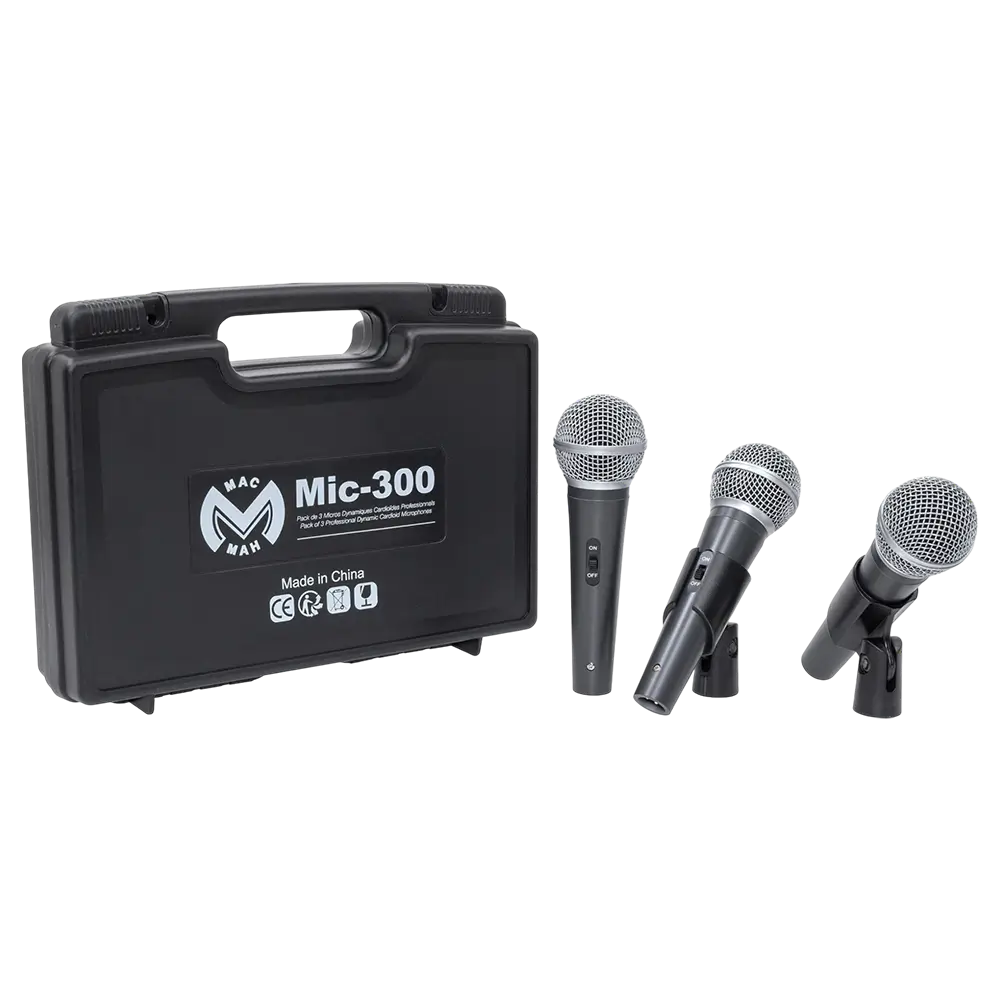 Dynamic microphone "MIC 300" Mac Mah – Set of 3 wired microphones with case, clips, supercardioid, XLR