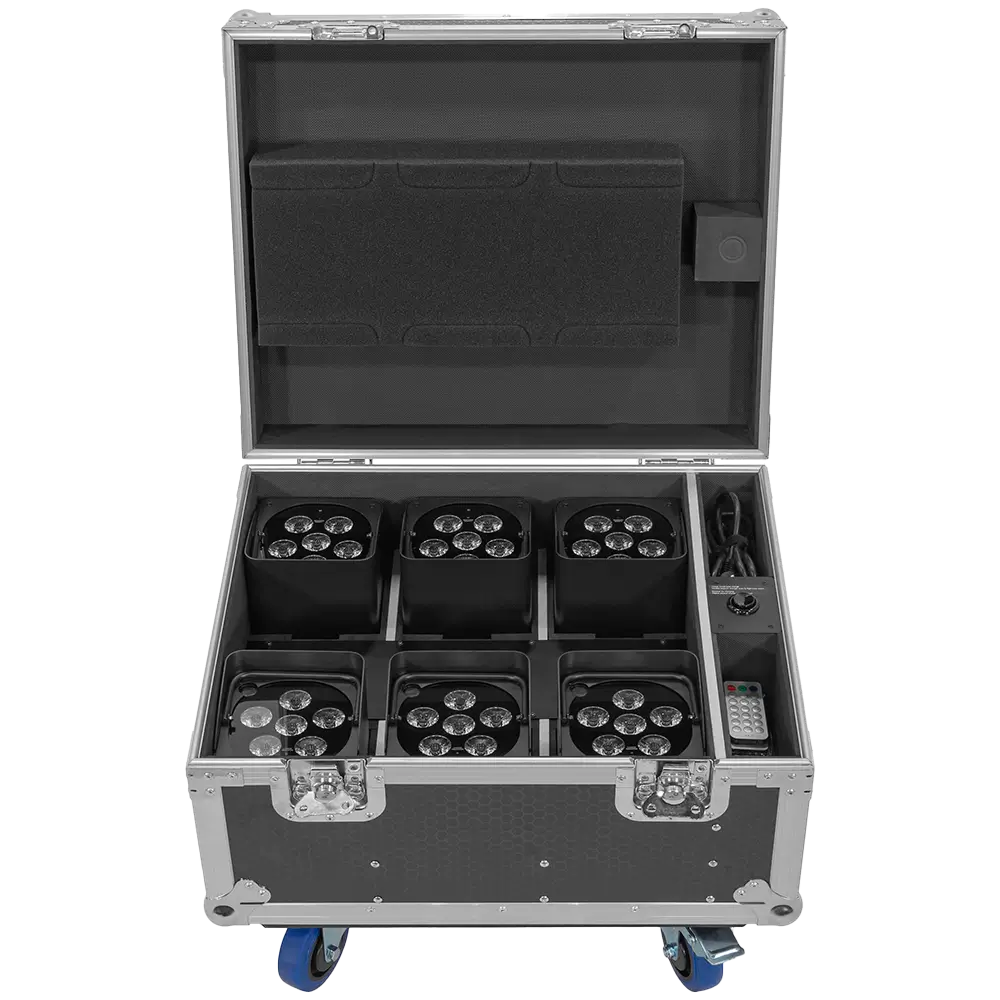 LED spotlights "IZY Glow Set" Mac Mah – 6×15W RGBWA-UV, wireless DMX, rechargeable