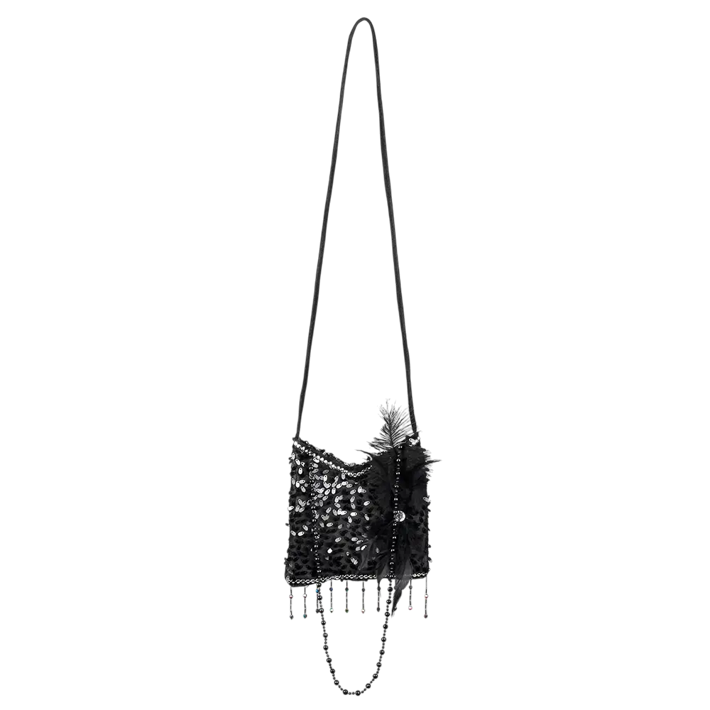 Flapper" black shoulder bag with rhinestones and feathers
