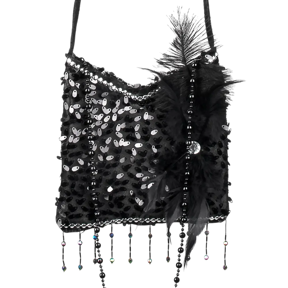 Flapper" black shoulder bag with rhinestones and feathers