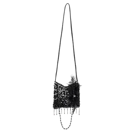 Flapper black shoulder bag with rhinestones and feathers