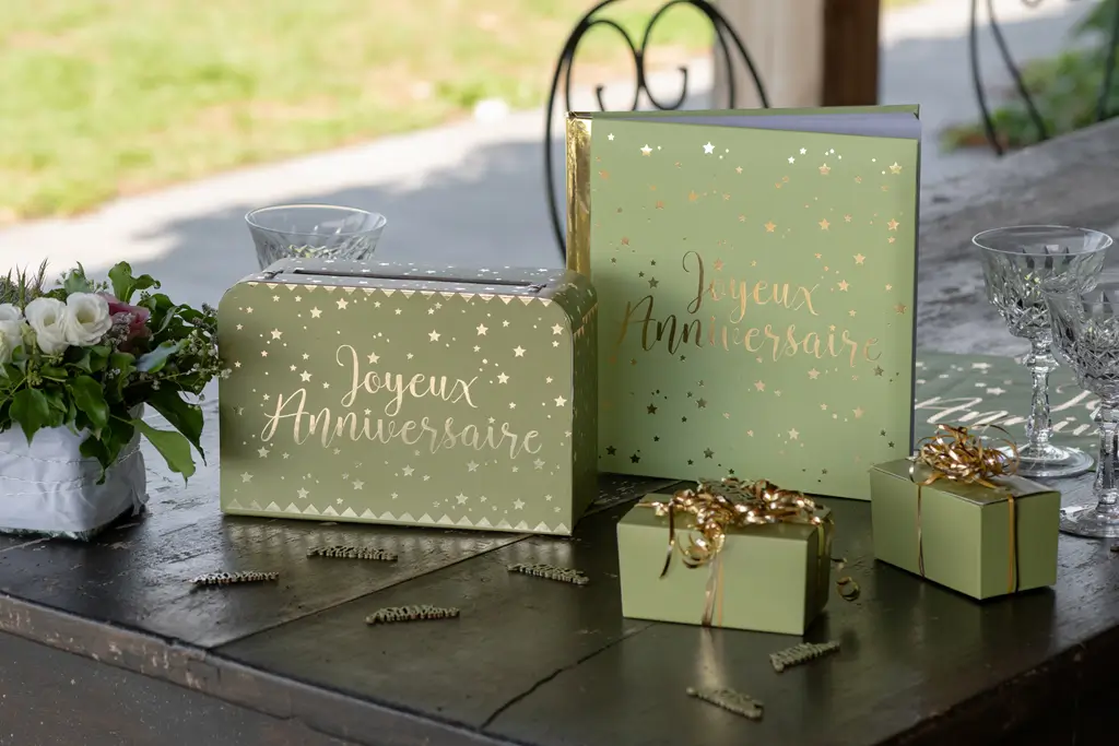 Happy Birthday Guestbook Gold/Olive Metallic