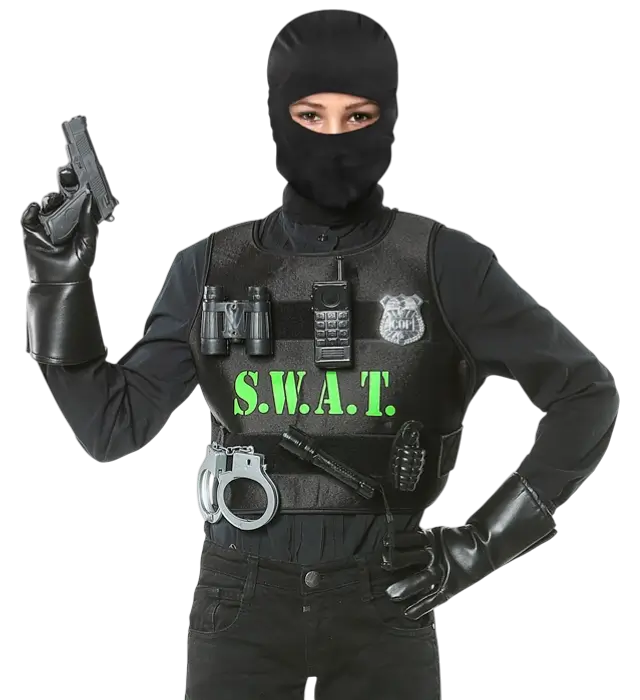 "SWAT (body armour, badge, pistol, handcuffs, radio, flashlight, grenade, binoculars)
