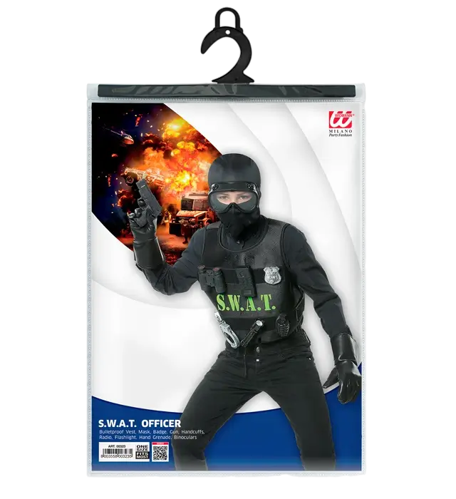 "SWAT (body armour, badge, pistol, handcuffs, radio, flashlight, grenade, binoculars)