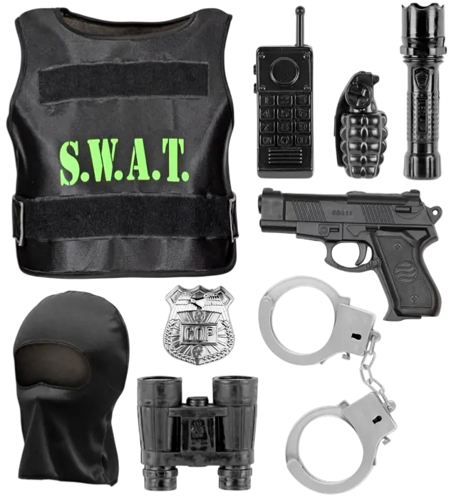 "SWAT (body armour, badge, pistol, handcuffs, radio, flashlight, grenade, binoculars)