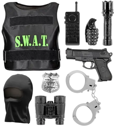 SWAT (body armour, badge, pistol, handcuffs, radio, flashlight, grenade, binoculars)