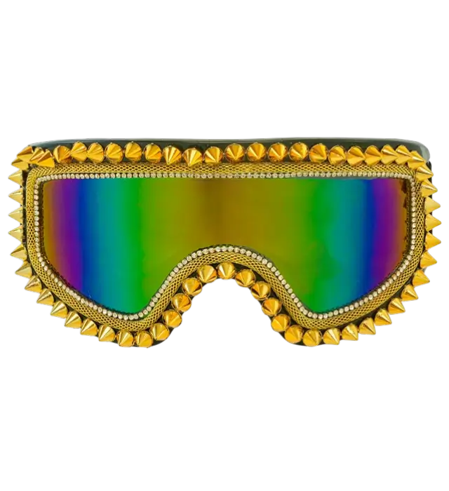 "APRÈS-SKI PARTY WINTER FESTIVAL SUNGLASSES WITH GOLD STUDS AND RHINESTONES".