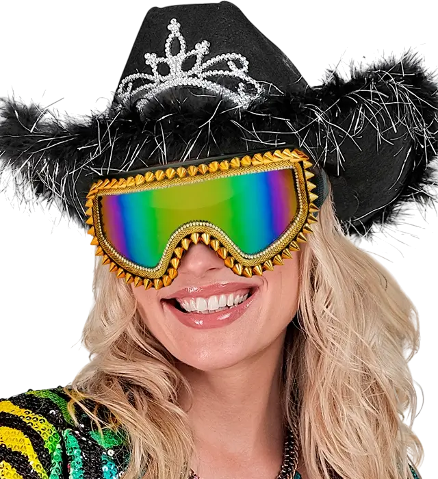 "APRÈS-SKI PARTY WINTER FESTIVAL SUNGLASSES WITH GOLD STUDS AND RHINESTONES".