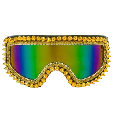 APRÈS-SKI PARTY WINTER FESTIVAL SUNGLASSES WITH GOLD STUDS AND RHINESTONES.