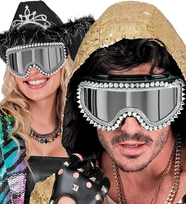 "APRÈS-SKI PARTY WINTER FESTIVAL GLASSES WITH SILVER STUDS AND RHINESTONES".