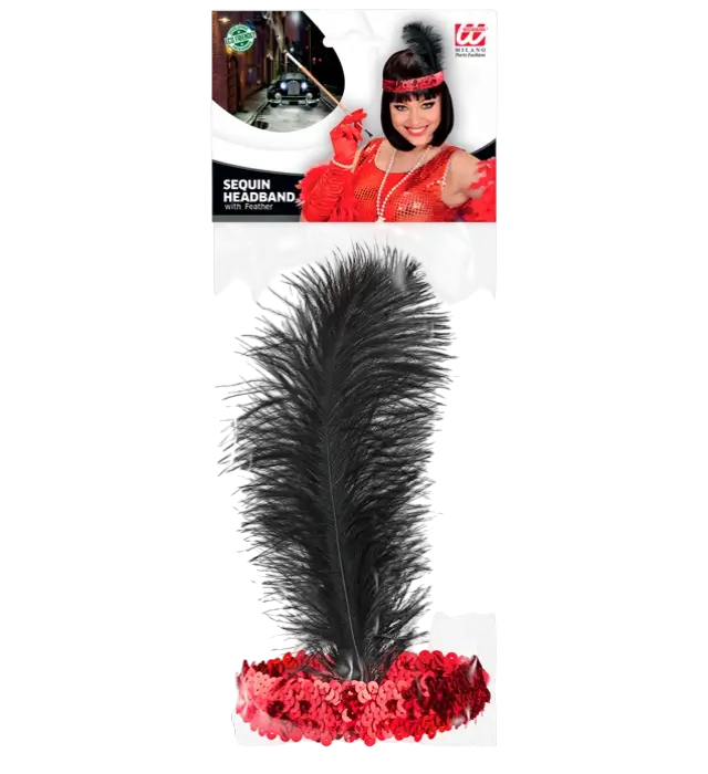 Red Charleston Sequin Headband with Vintage Feathers – 1920s Costume Accessory