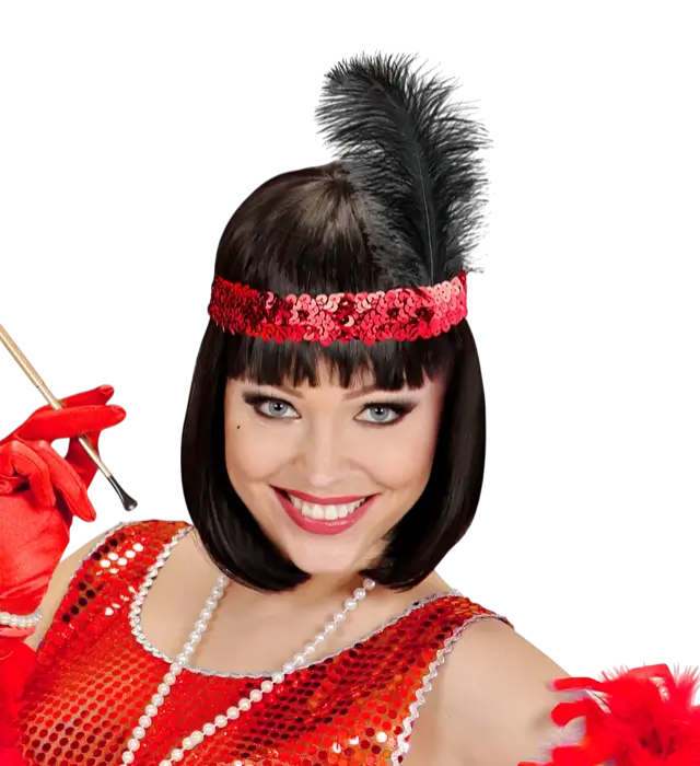 Red Charleston Sequin Headband with Vintage Feathers – 1920s Costume Accessory