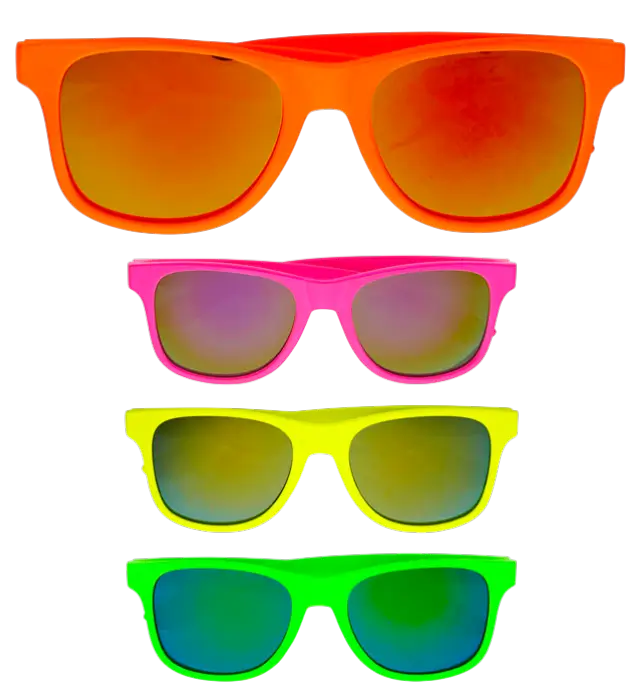 80s Neon Glasses with Revo Lenses – 4 Assorted Colours – Disco Costume Accessory