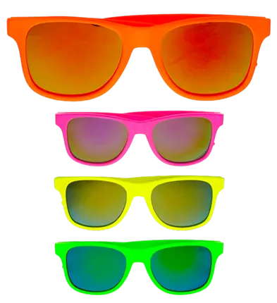 80s Neon Glasses with Revo Lenses – 4 Assorted Colours – Disco Costume Accessory