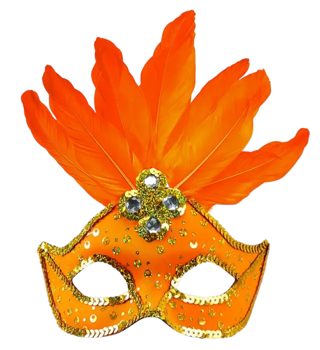 Brazil Carnival Neon Orange Loup Mask with Gold Sequins and Feathers – Costume Accessory