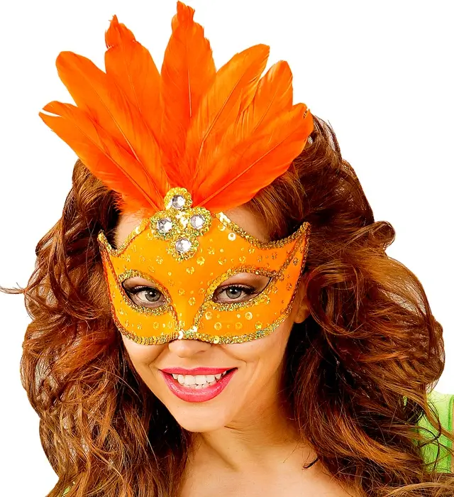 Brazil Carnival Neon Orange Loup Mask with Gold Sequins and Feathers – Costume Accessory