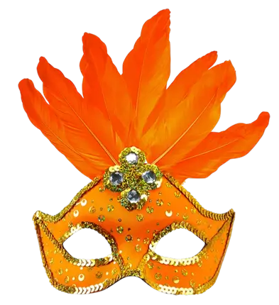 Brazil Carnival Neon Orange Loup Mask with Gold Sequins and Feathers – Costume Accessory