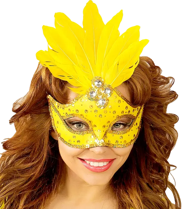 Brazil Carnival Neon Yellow Loup Mask with Gold Sequins and Feathers – Costume Accessory