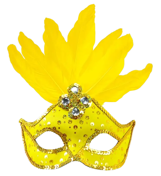 Brazil Carnival Neon Yellow Loup Mask with Gold Sequins and Feathers – Costume Accessory