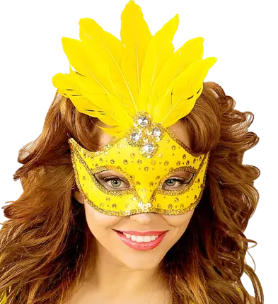 Brazil Carnival Neon Yellow Loup Mask with Gold Sequins and Feathers – Costume Accessory