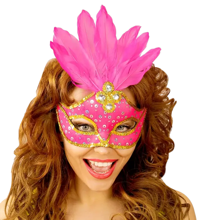 Brazil Carnival Neon Pink Loup Mask with Gold Sequins and Feathers – Costume Accessory