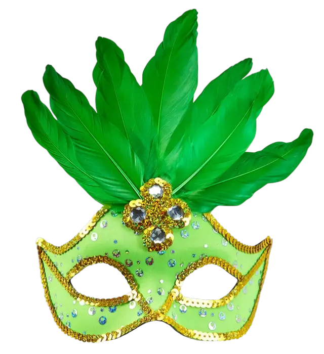 Brazil Carnival Neon Green Loup Mask with Gold Sequins and Feathers – Costume Accessory