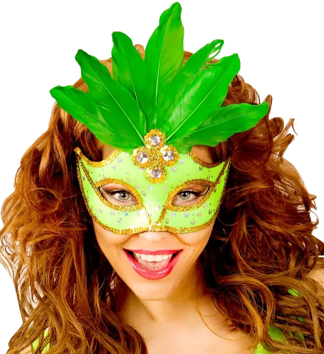 Brazil Carnival Neon Green Loup Mask with Gold Sequins and Feathers – Costume Accessory