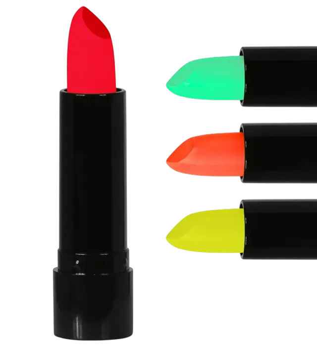 Display Box of 24 Neon Lipsticks 6 ml – Pink, Yellow, Green, Orange – Costume Makeup
