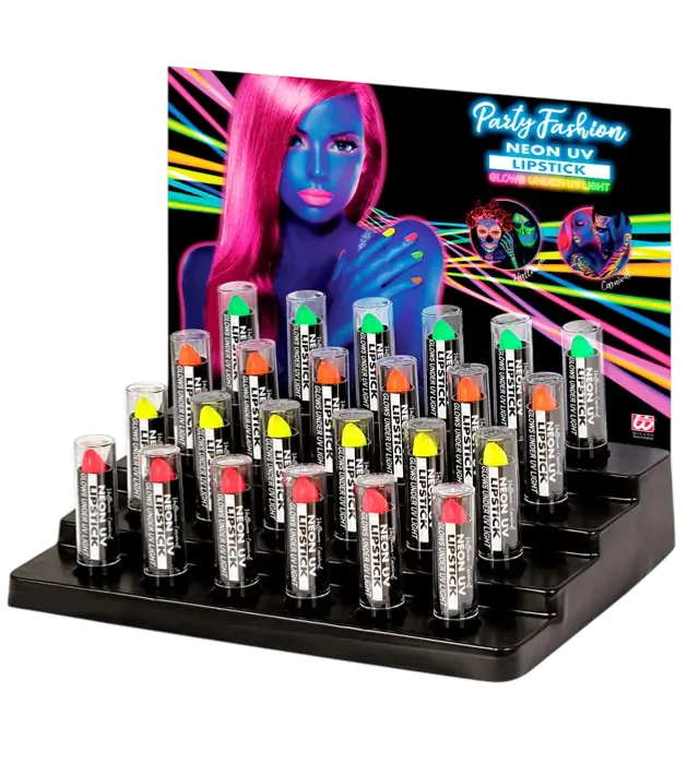 Display Box of 24 Neon Lipsticks 6 ml – Pink, Yellow, Green, Orange – Costume Makeup