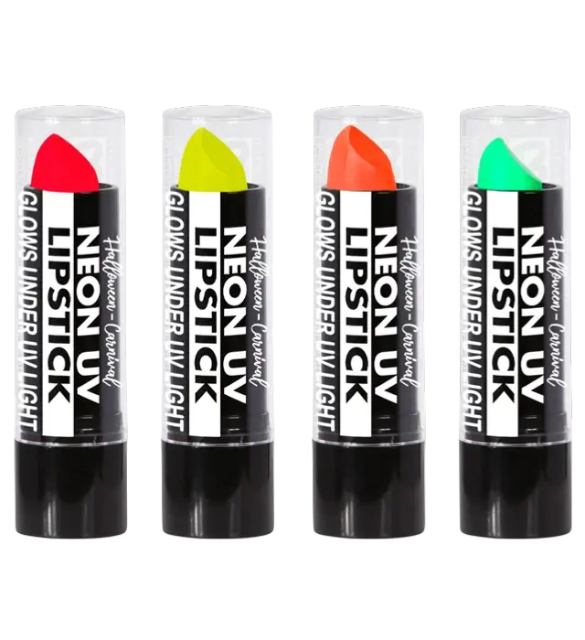 Display Box of 24 Neon Lipsticks 6 ml – Pink, Yellow, Green, Orange – Costume Makeup