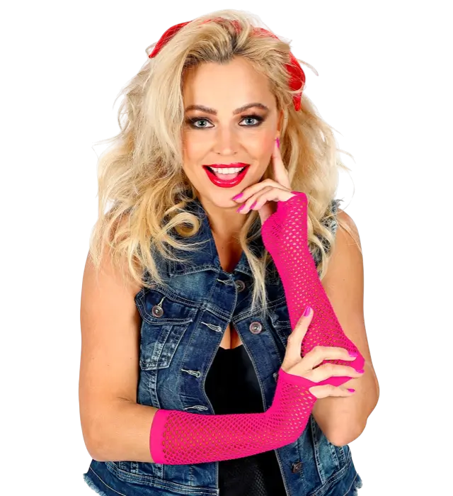 Neon Pink Fishnet Gloves 33 cm – 80s Costume Accessory