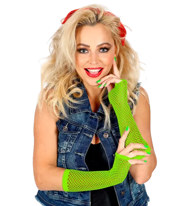 Neon Green Fingerless Fishnet Gloves 33 cm – 80s Costume Accessory