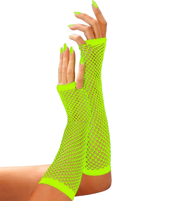 Neon Green Fingerless Fishnet Gloves 33 cm – 80s Costume Accessory