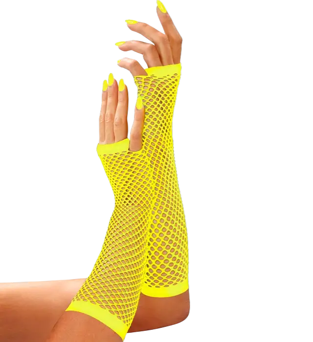 Neon Yellow Fingerless Fishnet Gloves 33 cm – 80s Costume Accessory
