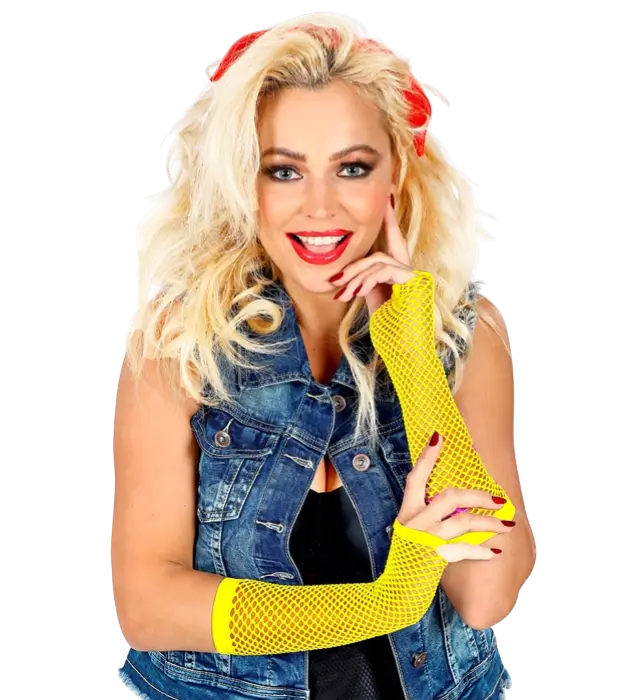Neon Yellow Fingerless Fishnet Gloves 33 cm – 80s Costume Accessory