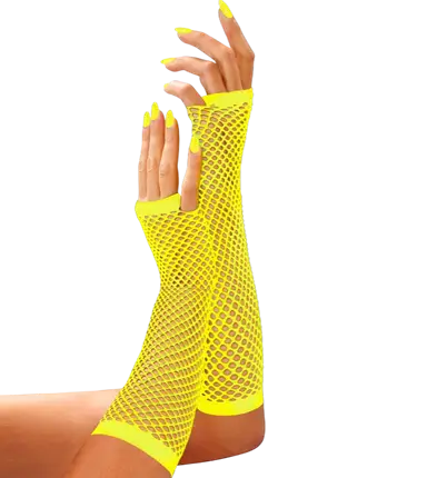 Neon Yellow Fingerless Fishnet Gloves 33 cm – 80s Costume Accessory