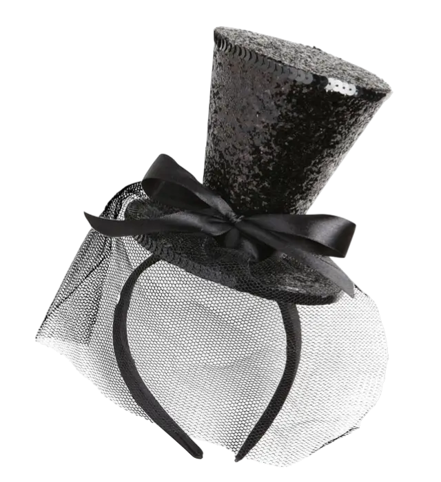 Mini Black Sequin Hat on Headband with Bow and Veil – Cabaret Costume Accessory