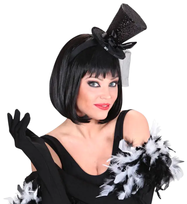 Mini Black Sequin Hat on Headband with Bow and Veil – Cabaret Costume Accessory