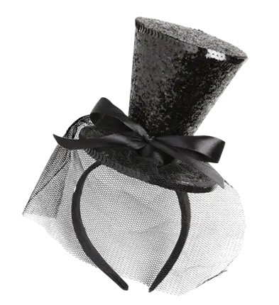 Mini Black Sequin Hat on Headband with Bow and Veil – Cabaret Costume Accessory