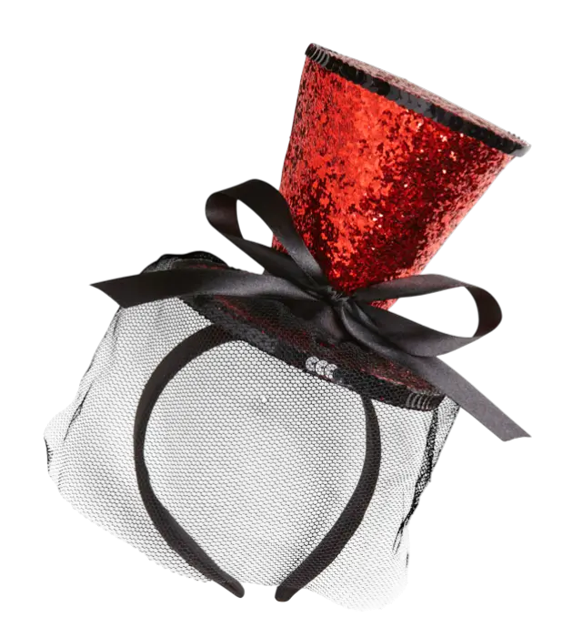 Mini Red Sequin Hat on Headband with Bow and Veil – Cabaret Costume Accessory
