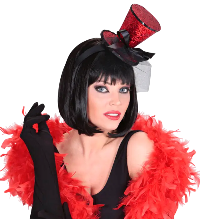 Mini Red Sequin Hat on Headband with Bow and Veil – Cabaret Costume Accessory