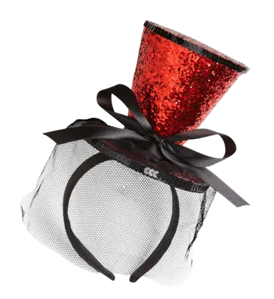 Mini Red Sequin Hat on Headband with Bow and Veil – Cabaret Costume Accessory
