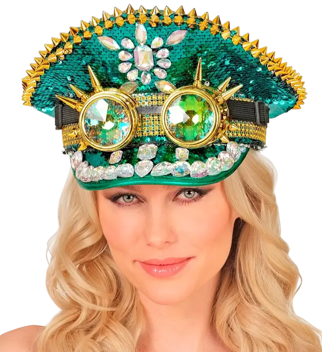 Green Festival Cap with Spikes, Jewels and Kaleidoscope Sequin Glasses – Costume Accessory