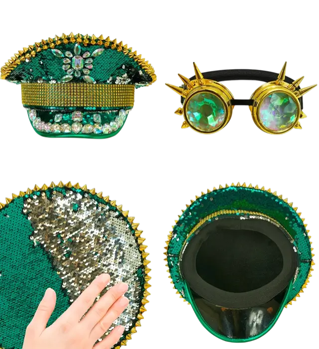 Green Festival Cap with Spikes, Jewels and Kaleidoscope Sequin Glasses – Costume Accessory